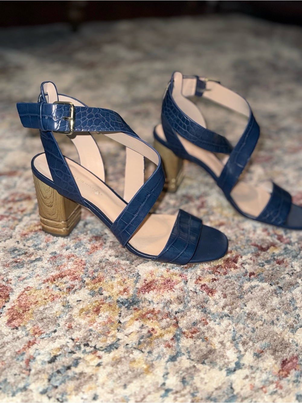 Tommy Hilfiger Navy Croc-Embossed Block Heel Sandals Size 8
